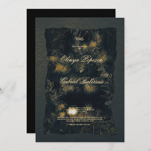 黒い金ゴールドの花、水色テクスチャ紙Wedd 招待状 (正面/裏面)