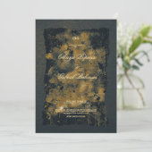 黒い金ゴールドの花、水色テクスチャ紙Wedd 招待状 (スタンド正面)