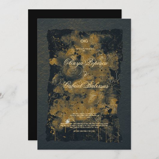 黒い金ゴールドの花、水色テクスチャ紙Wedd 招待状 (正面/裏面)