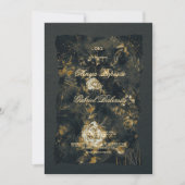 黒い金ゴールドの花、水色テクスチャ紙Wedd 招待状 (正面)