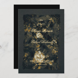 黒い金ゴールドの花、水色テクスチャ紙Wedd 招待状