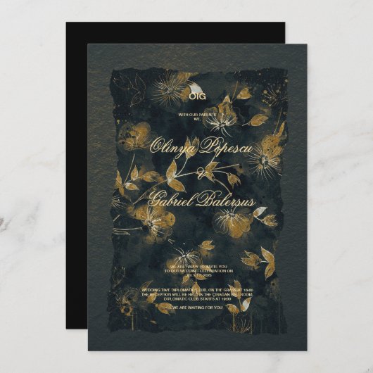 黒い金ゴールドの花、水色テクスチャ紙Wedd 招待状 (正面/裏面)