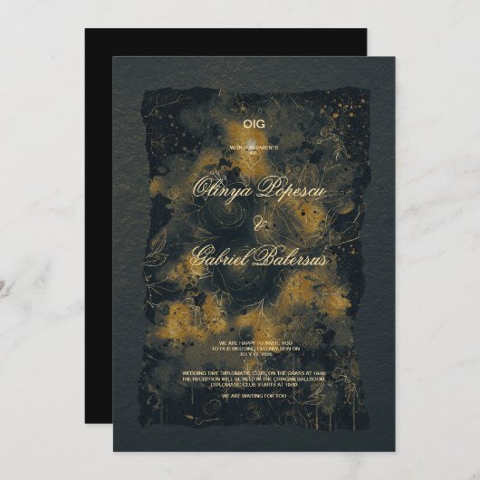 黒い金ゴールドの花、水色テクスチャ紙Wedd 招待状 (正面/裏面)