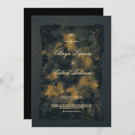 黒い金ゴールドの花、水色テクスチャ紙Wedd 招待状