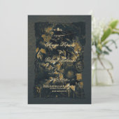 黒い金ゴールドの花、水色テクスチャ紙Wedd 招待状 (スタンド正面)