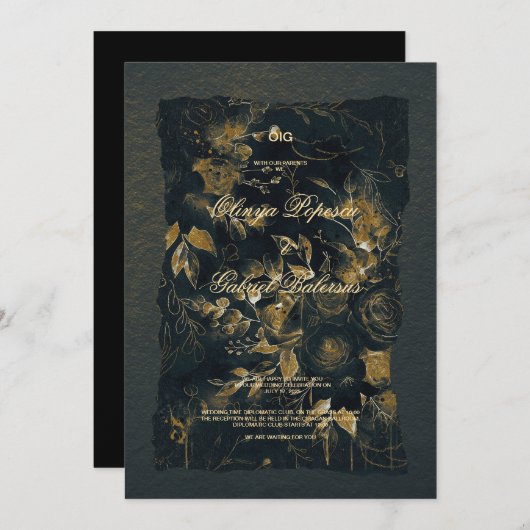 黒い金ゴールドの花、水色テクスチャ紙Wedd 招待状 (正面/裏面)