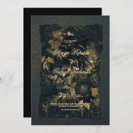 黒い金ゴールドの花、水色テクスチャ紙Wedd 招待状