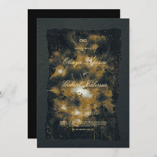 黒い金ゴールドの花、水色テクスチャ紙Wedd 招待状 (正面/裏面)