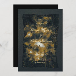 黒い金ゴールドの花、水色テクスチャ紙Wedd 招待状