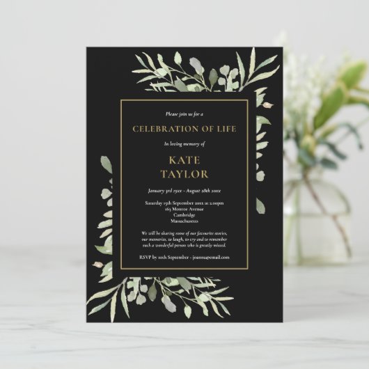 黒い金ゴールドの葉のお祝いの写真 招待状 (スタンド正面)