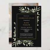 黒い金ゴールドの葉のお祝いの写真 招待状 (正面/裏面)