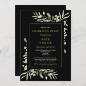 黒い金ゴールドの葉のお祝いの生涯 招待状 (正面/裏面)