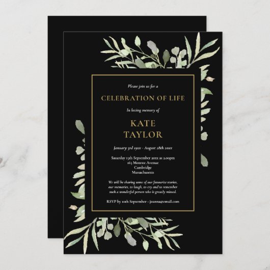 黒い金ゴールドの葉のお祝いの生涯 招待状 (正面/裏面)