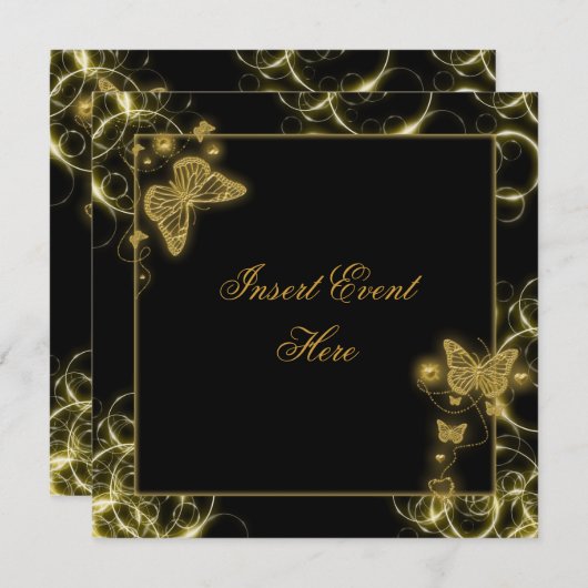 黒い金ゴールドの蝶の渦巻エレガントき 招待状 (正面/裏面)