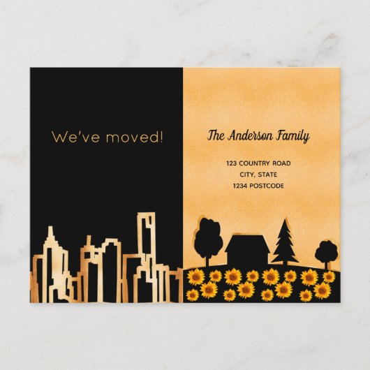 黒い金ゴールドの都市の国の私たちは発表を移動 案内ポストカード (正面)