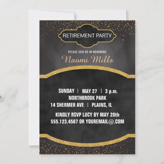黒い金ゴールドの黒板の先生の退職パーティー 招待状 (正面)