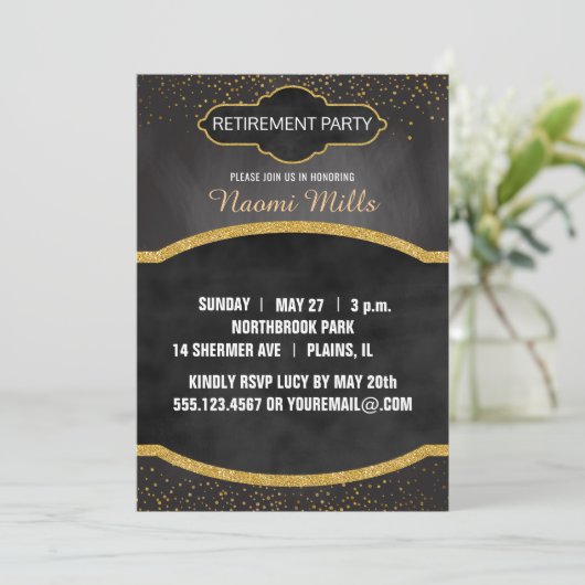 黒い金ゴールドの黒板の先生の退職パーティー 招待状 (スタンド正面)