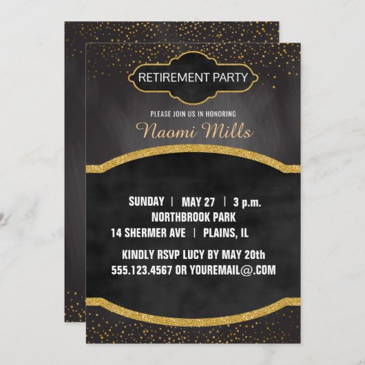 黒い金ゴールドの黒板の先生の退職パーティー 招待状 (正面/裏面)