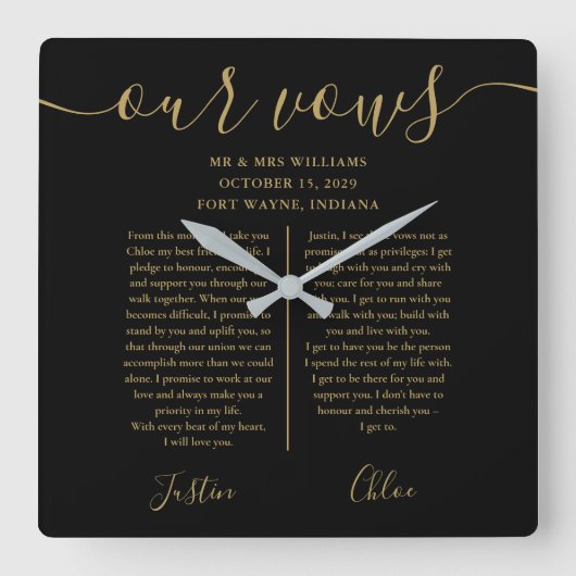 黒い金ゴールドは彼と彼女の結婚誓いを書く スクエア壁時計 (正面)