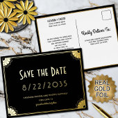 黒い金ゴールドアールデコフローラ結婚式の日付を保存 箔招待状ポストカード