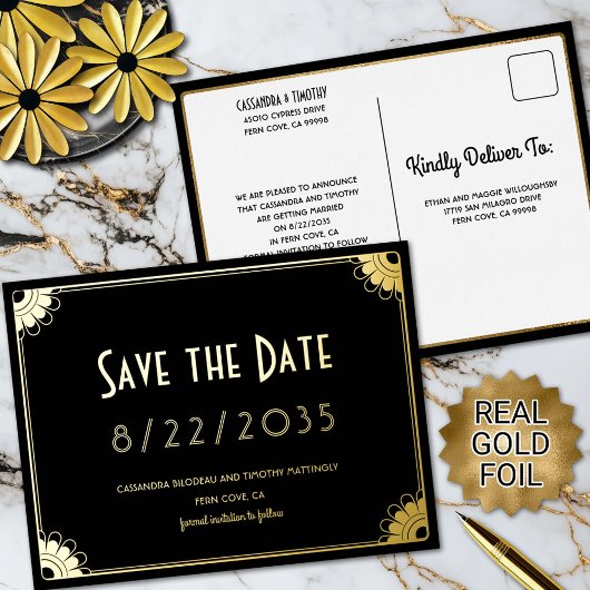 黒い金ゴールドアールデコフローラ結婚式の日付を保存 箔招待状ポストカード