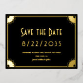 黒い金ゴールドアールデコフローラ結婚式の日付を保存 箔招待状ポストカード (正面)