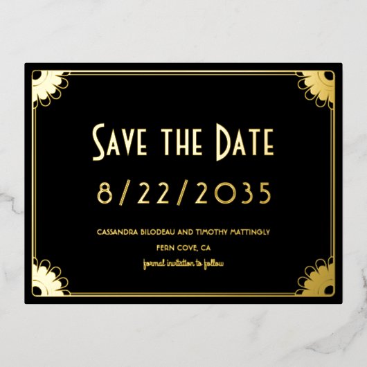 黒い金ゴールドアールデコフローラ結婚式の日付を保存 箔招待状ポストカード (正面)
