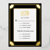 黒い金ゴールドアールデコ花結婚式RSVP返信 箔招待状ポストカード (正面)