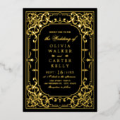 黒い金ゴールドエレガントの華美ロマンチックなヴィンテージ結婚式 箔招待状 (正面)