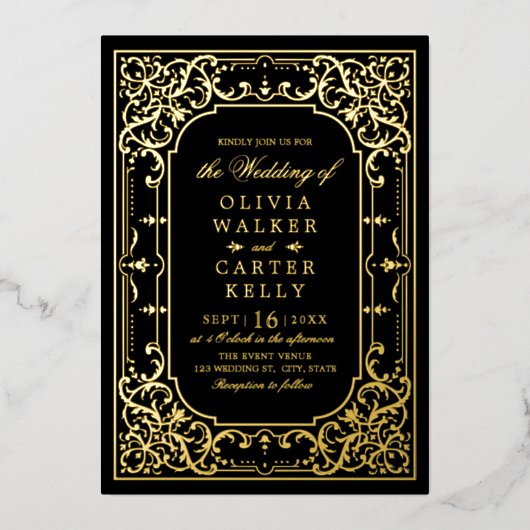 黒い金ゴールドエレガントの華美ロマンチックなヴィンテージ結婚式 箔招待状 (正面)