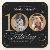 黒い金ゴールドエレガント写真100th誕生日パーティー スクエアペーパーコースター (正面)