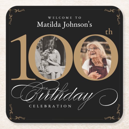 黒い金ゴールドエレガント写真100th誕生日パーティー スクエアペーパーコースター (正面)