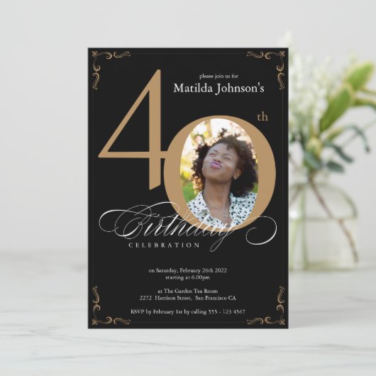 黒い金ゴールドエレガント書道の写真40歳の誕生日 招待状 (スタンド正面)