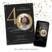 黒い金ゴールドエレガント書道の写真40歳の誕生日 招待状