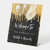 黒い金ゴールドグリッターはバルーンを結婚歓迎 台座サイン (正面)