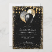 黒い金ゴールドグリッターライトバルーン任意の年齢誕生日 招待状 (正面)