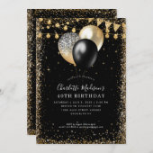 黒い金ゴールドグリッターライトバルーン任意の年齢誕生日 招待状 (正面/裏面)