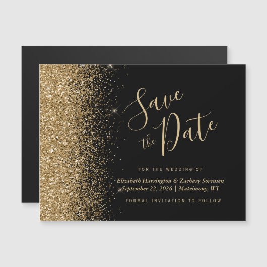 黒い金ゴールドグリッター磁気結婚式の日付を保存 (正面/裏面)