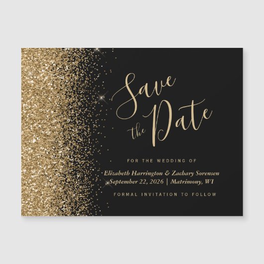 黒い金ゴールドグリッター磁気結婚式の日付を保存 (正面)