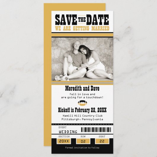 黒い金ゴールドサッカーチケット結婚式の日付を保存 セーブザデート (正面/裏面)