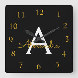 黒い金ゴールドスクリプトのモノグラガーリーム名 スクエア壁時計