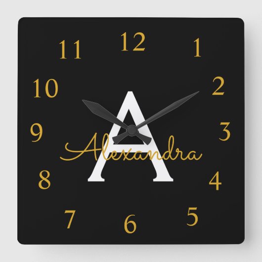 黒い金ゴールドスクリプトのモノグラガーリーム名 スクエア壁時計 (正面)