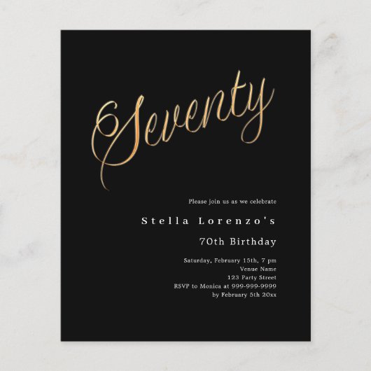 黒い金ゴールドスクリプト予算70th誕生日の招待 (正面)