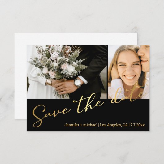 黒い金ゴールドスクリプト2 photo save date card ノートカード (正面/裏面)