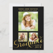 黒い金ゴールドスクリプト3枚の写真卒業 招待状 (正面)