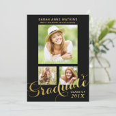 黒い金ゴールドスクリプト3枚の写真卒業 招待状 (スタンド正面)