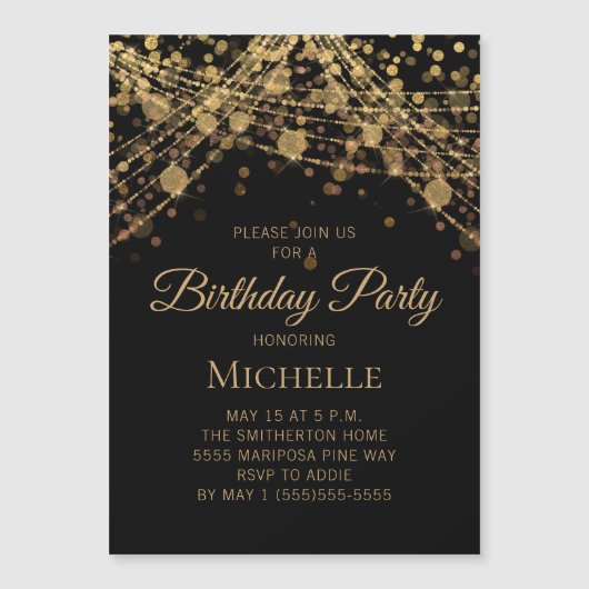 黒い金ゴールドストリング任意の年齢の女性の誕生日 マグネット招待状 (正面)