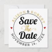 黒い金ゴールドタイポグラフィ赤いハートの背面の写真 セーブザデート (正面)