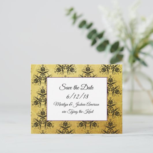 黒い金ゴールドダマスク結婚式の日付はがきを保存 ポストカード (スタンド正面)
