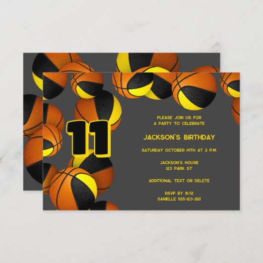 黒い金ゴールドチームカラーバスケットボール誕生日 招待状 (正面/裏面)